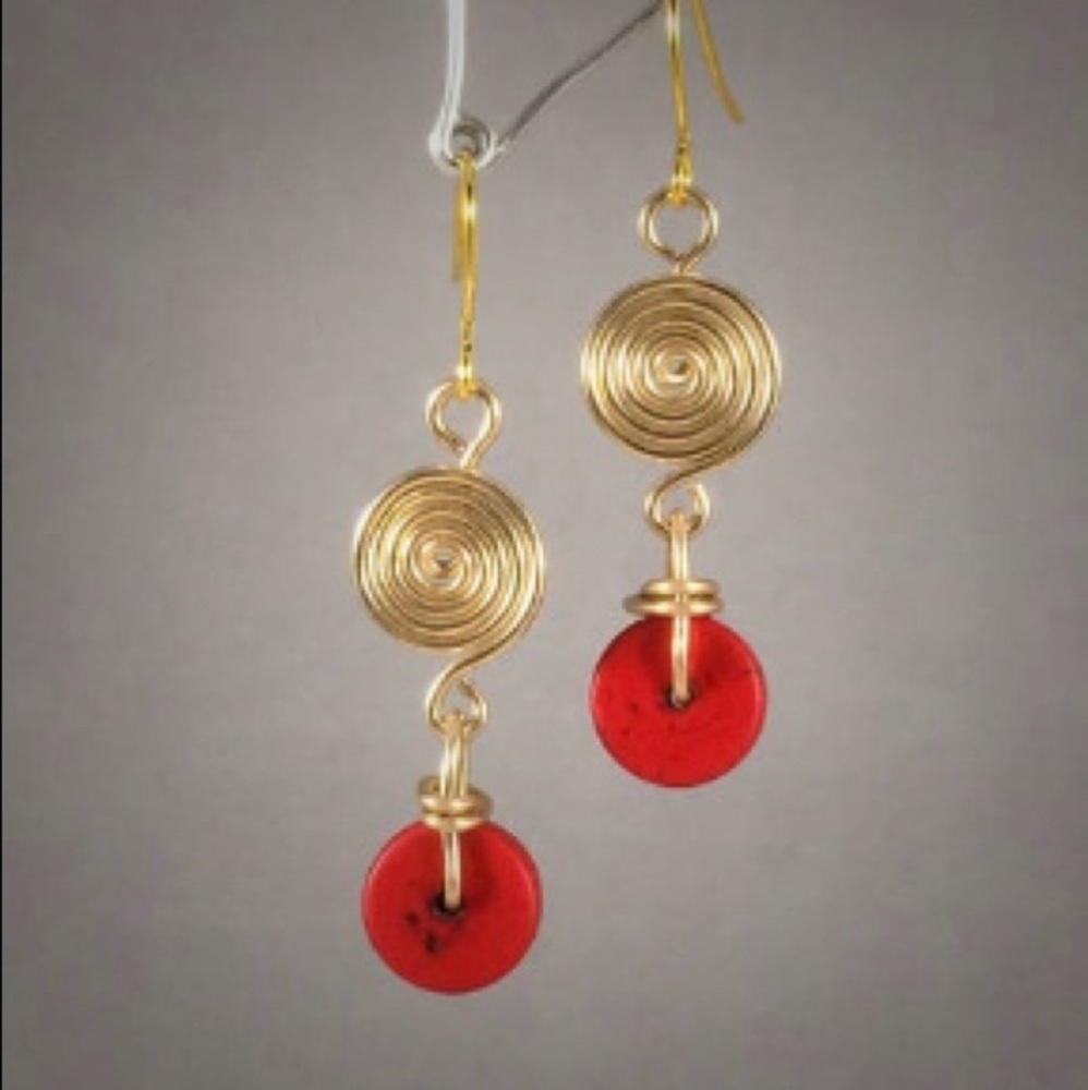 Handmade wire spiral earrings with red stone disk (gold tone)